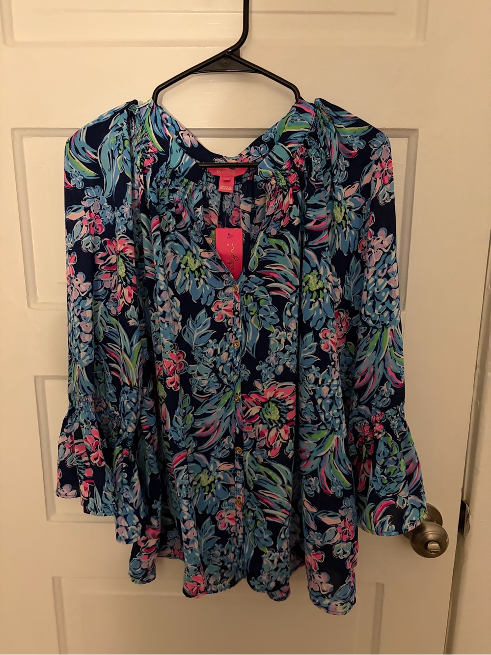 Lilly Pulitzer Navy Floral Ruffle Peasant Tunic with Pink & Aqua Accents